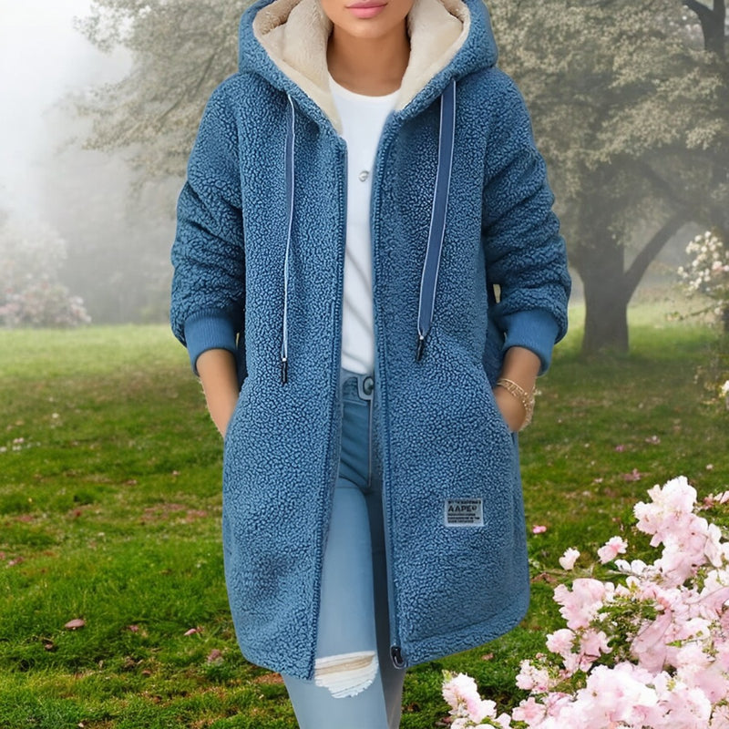Women's Winter Fleece Jacket with Hood & Pockets – Extra Soft, Warm, Zip-Up - Perfect for Cold Days - Blue