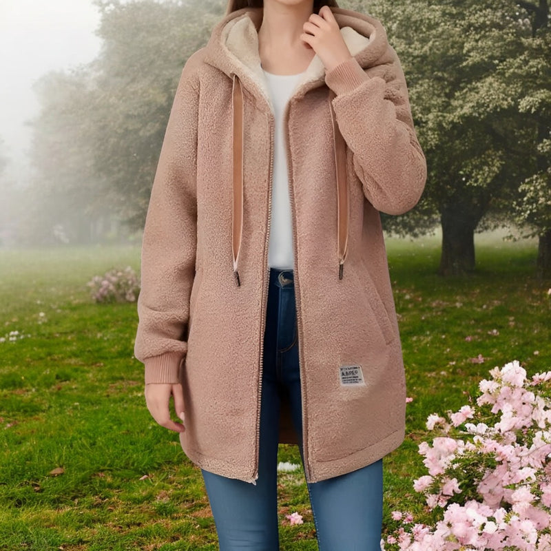 Women's Winter Fleece Jacket with Hood & Pockets – Extra Soft, Warm, Zip-Up - Perfect for Cold Days - Khaki