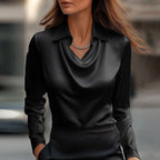 Women's Autumn Long-Sleeve Shirt with Irregular Cowl Neck, Solid Color, Polyester - Black