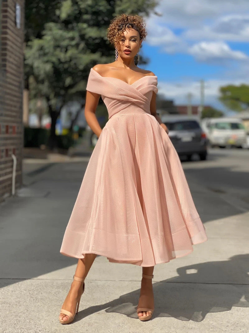 Women's Off-Shoulder Backless Party Dress with Raglan Sleeves - Pink