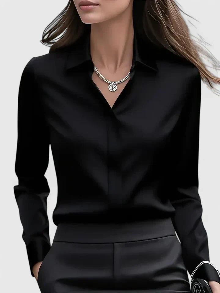 Women's Long-Sleeve Top with Concealed Button Placket and Rounded Hem - Black