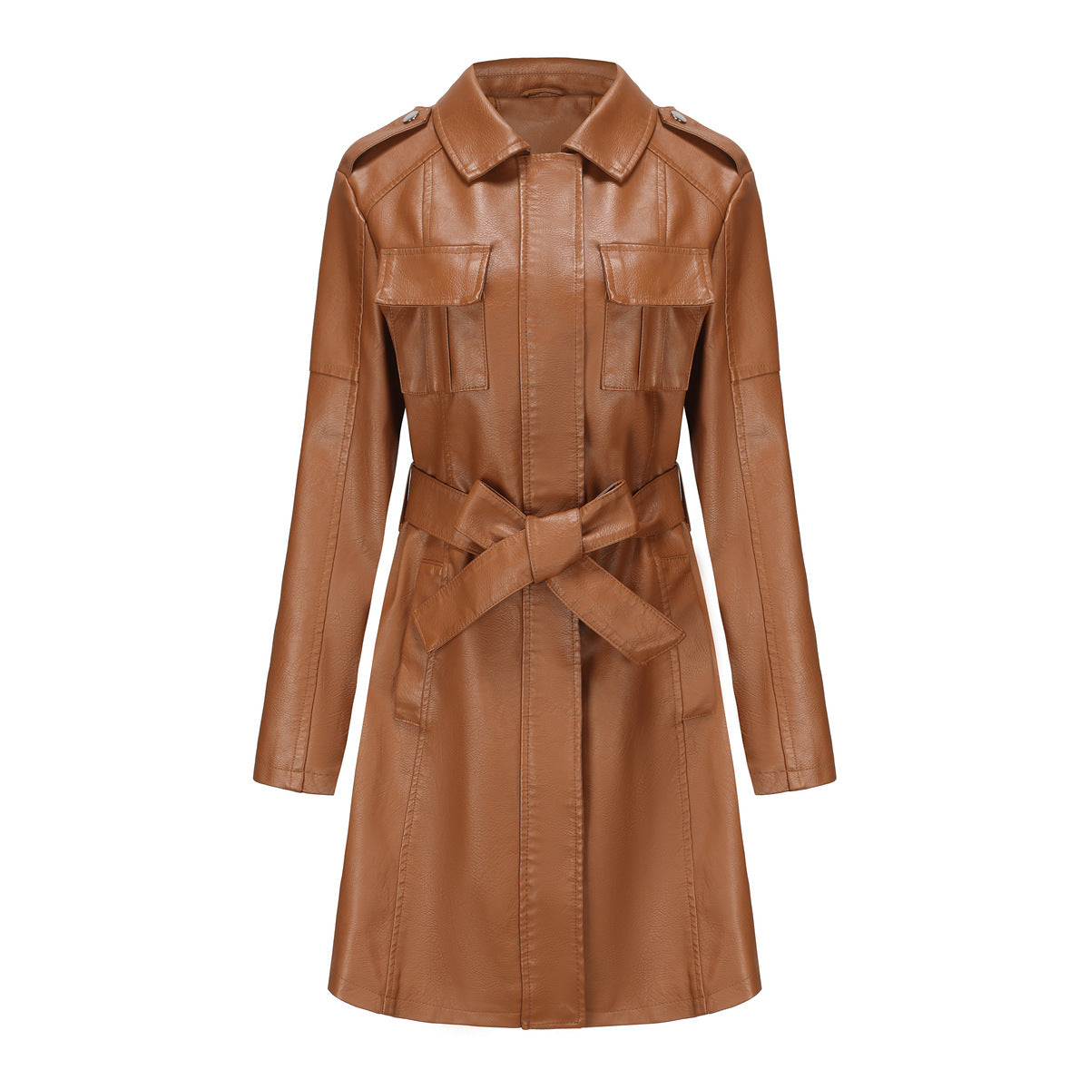 Elegant long leather Women's coat with belt and lapels