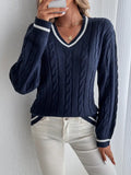 Women's V-Neck Sweater with Ribbed Trim and Relaxed Fit - Navy