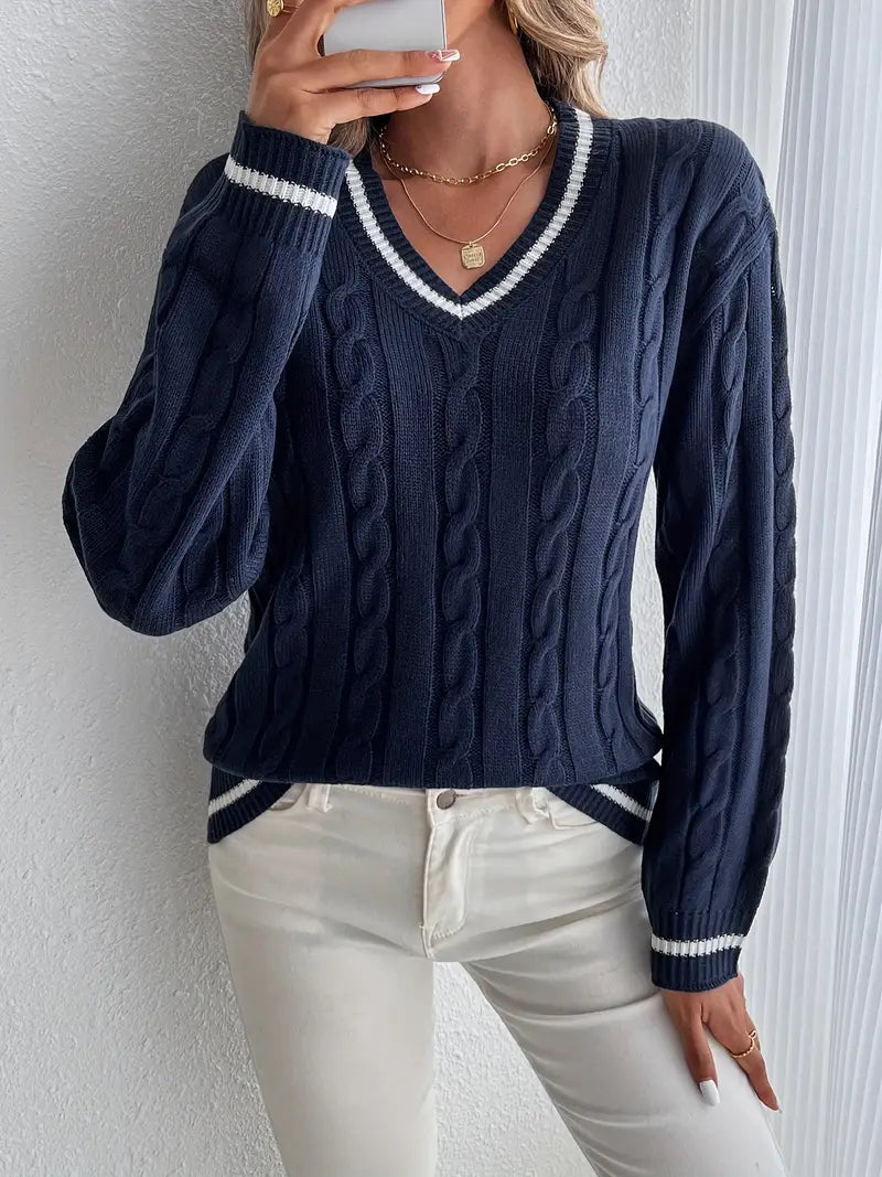 Women's V-Neck Sweater with Ribbed Trim and Relaxed Fit - Navy