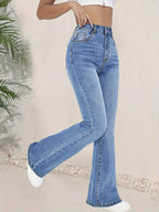 Women's High-Waisted Flared Denim Jeans – Slim Fit Blue Bootcut Pants