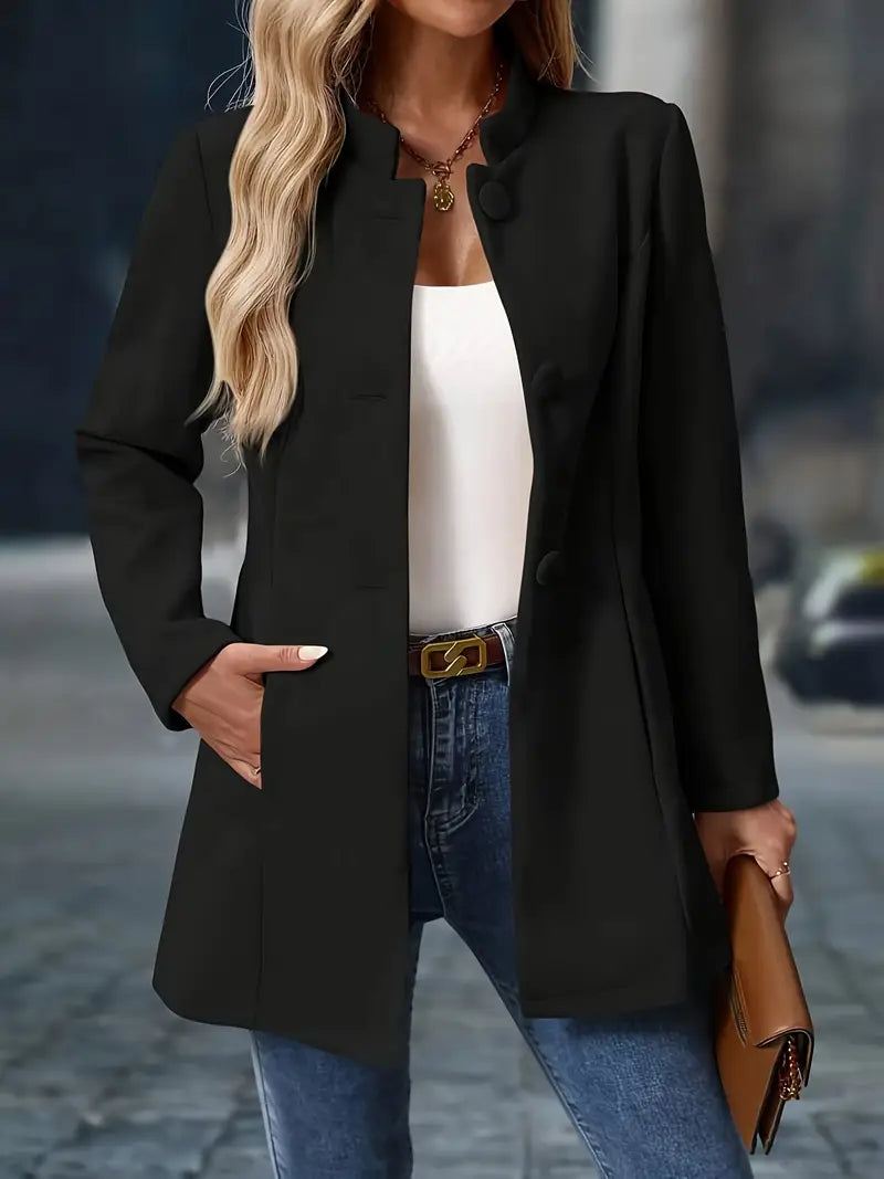 Women's Long Winter Coat with Button Closure - Black