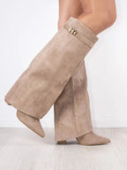 Women's Winter Knee-High Boots with Side Zipper and Cushioned Insole - Beige