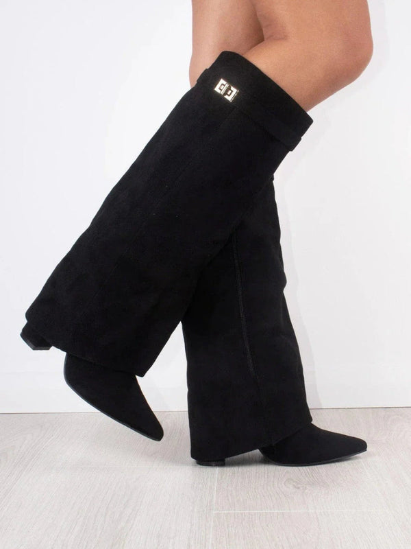 Women's Winter Knee-High Boots with Side Zipper and Cushioned Insole - Black