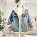 Women's Denim Coat for Winter with Relaxed Cut, Fleece Lining and Pockets - Denim Blue Velvet