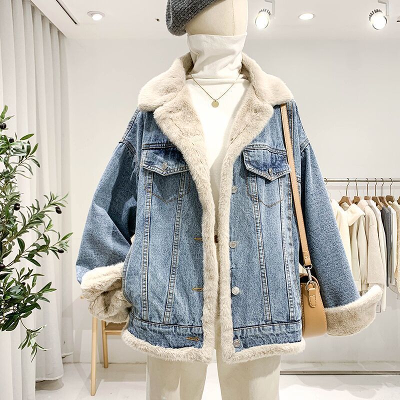 Women's Denim Coat for Winter with Relaxed Cut, Fleece Lining and Pockets - Denim Blue Velvet