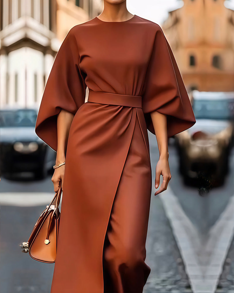 Women's Spring Midi Dress with Wide Sleeves, Waist Belt and Straight Neckline - Brick Red