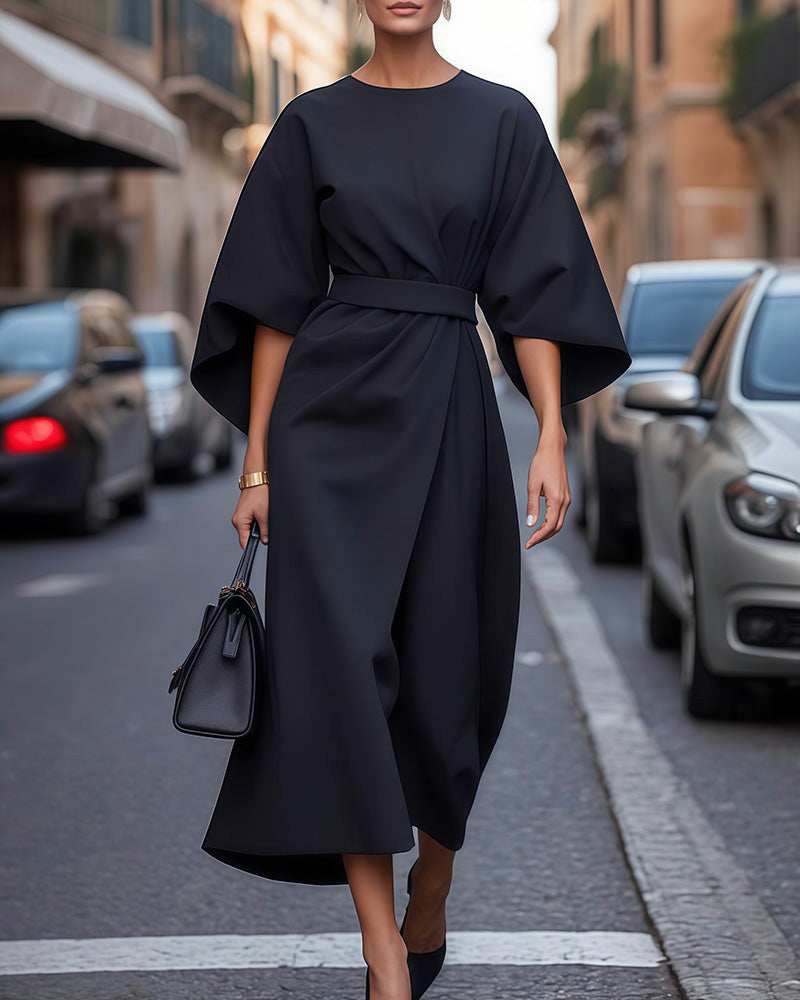 Women's Spring Midi Dress with Wide Sleeves, Waist Belt and Straight Neckline - Navy