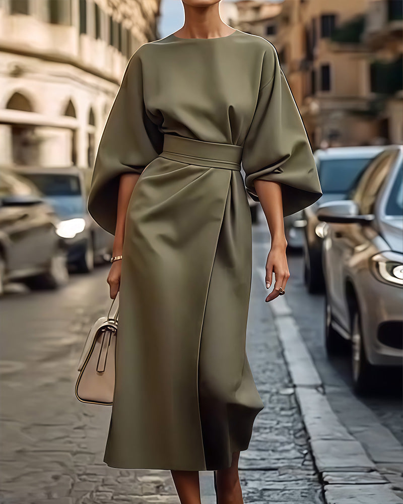 Women's Spring Midi Dress with Wide Sleeves, Waist Belt and Straight Neckline - Olive Green
