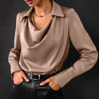 Women's Autumn Long-Sleeve Shirt with Irregular Cowl Neck, Solid Color, Polyester - Pink