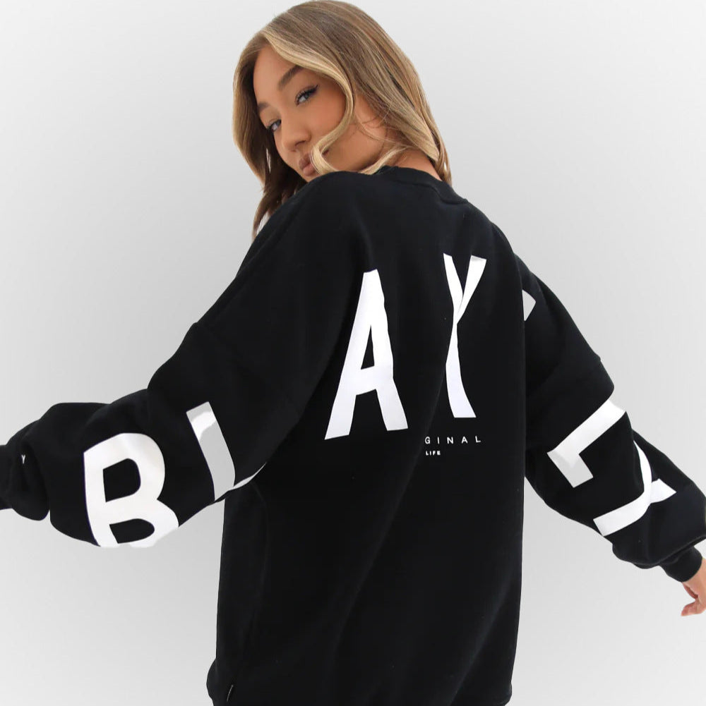 Women's Autumn Sweatshirt with Relaxed Fit, Long Sleeves and Ribbed Hem - Black