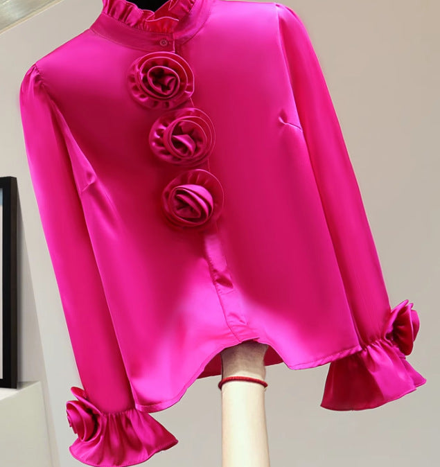 Lightweight Autumn Long-Sleeve Shirt with Floral Print - Rose Pink