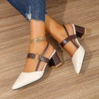 Women's Slingback Heels, Pointed Toe, Block Heel, Buckle - Beige
