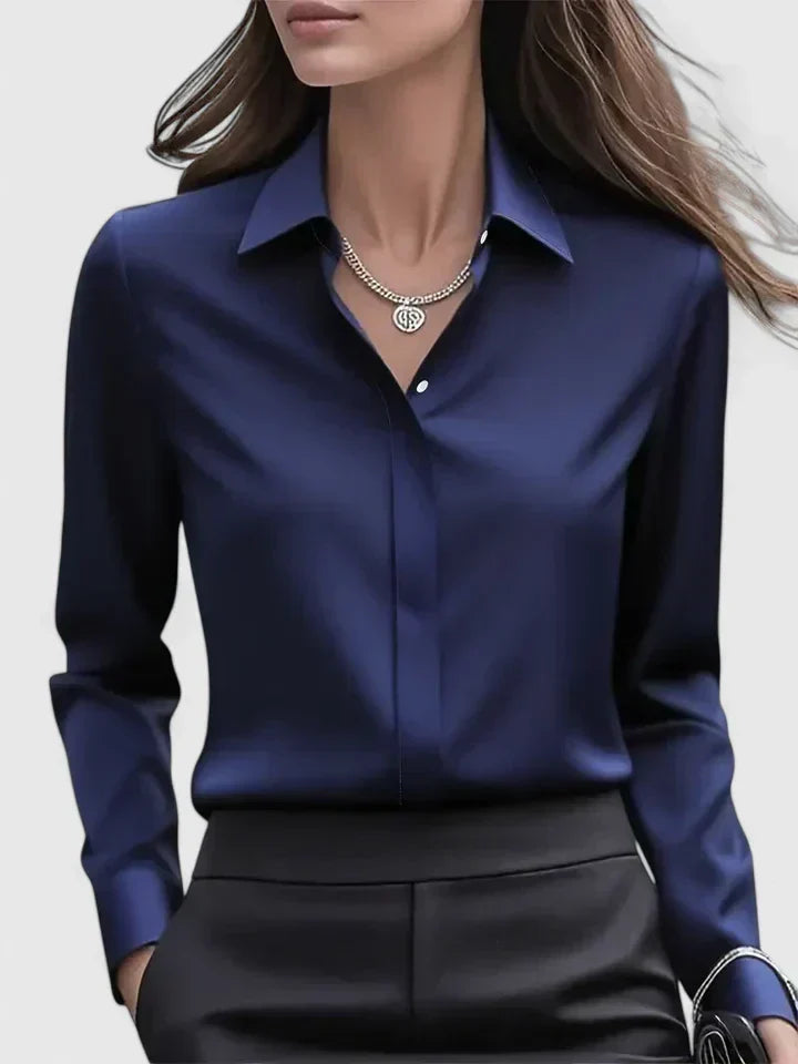 Women's Long-Sleeve Top with Concealed Button Placket and Rounded Hem - Navy