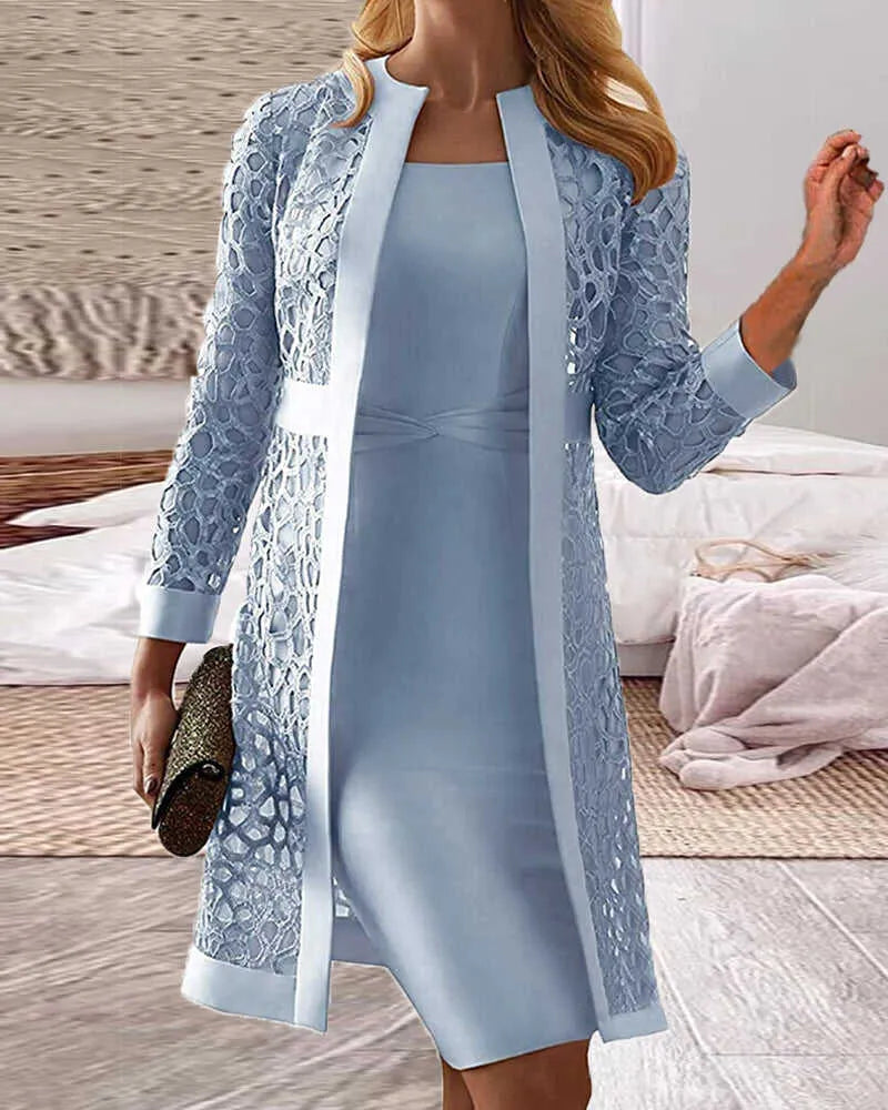 Lace Cardigan Dress Two-Piece Set | Perfect for Autumn - Blue
