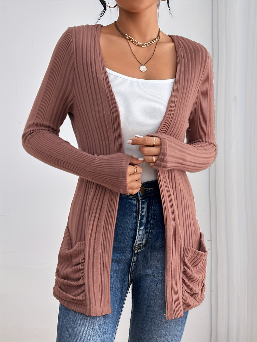 Drop shoulder ribbed cardigan | Soft Knit Open Front Casual Layer