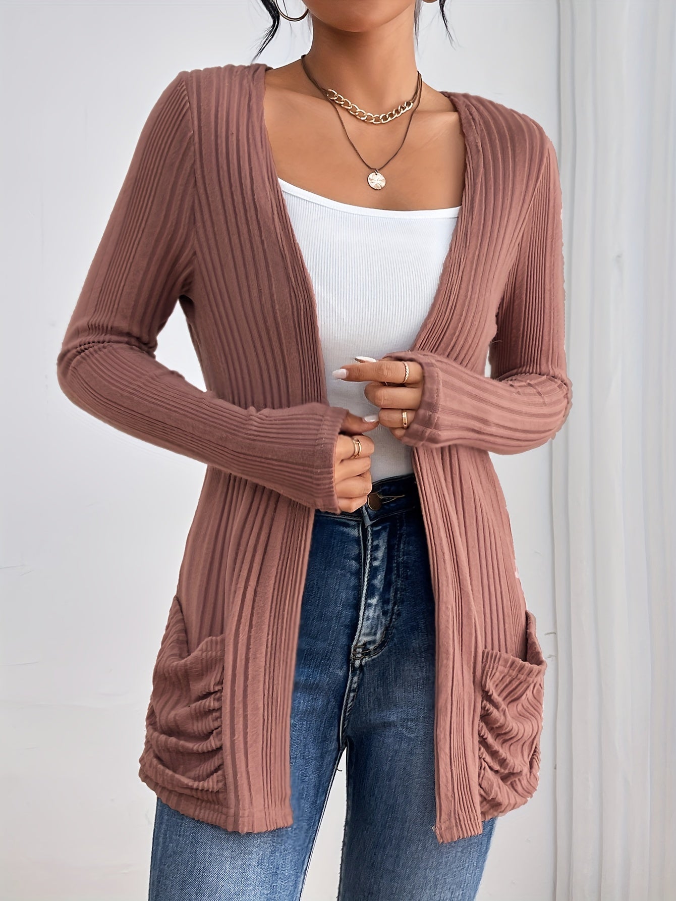 Drop shoulder ribbed cardigan | Soft Knit Open Front Casual Layer