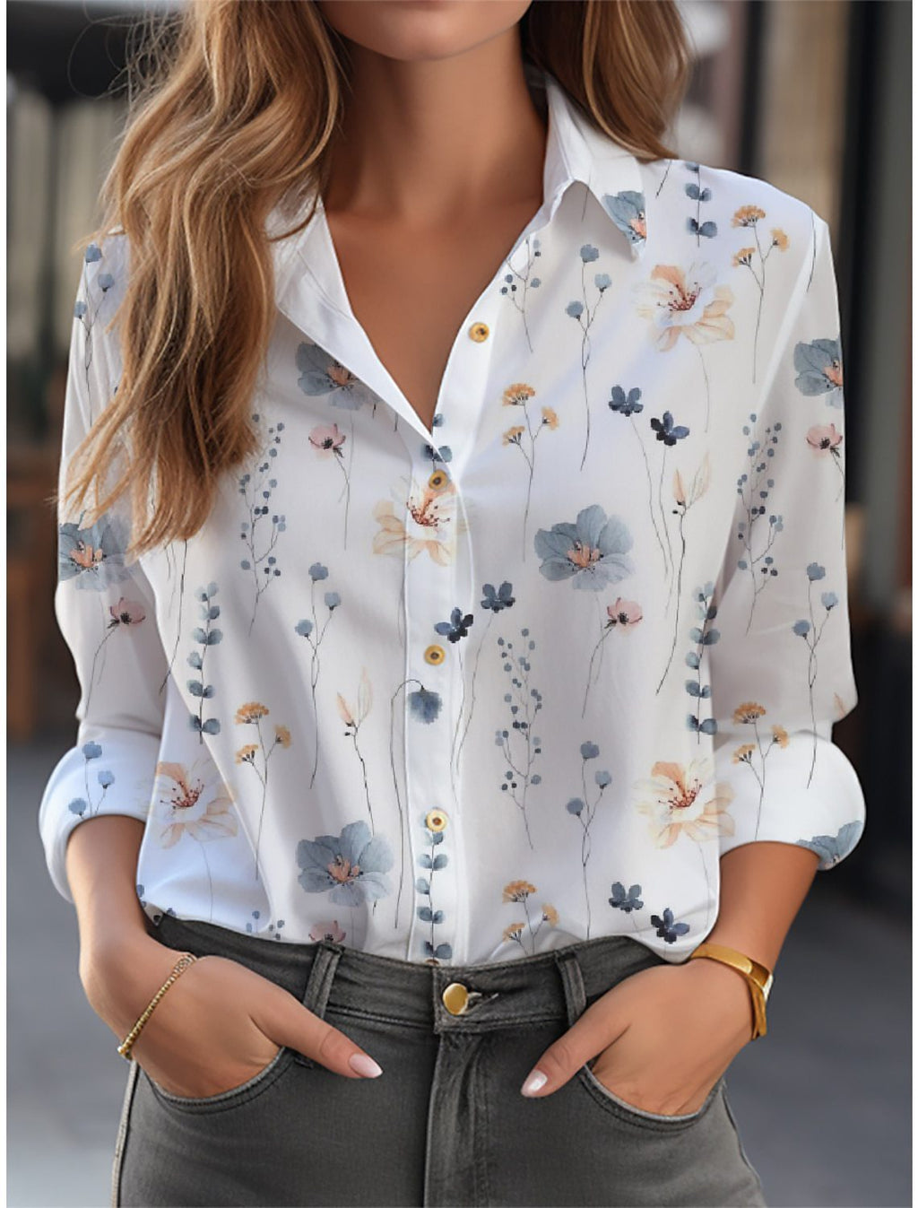 Damenbluse mit Blumenmuster, lockerer Passform und langen Ärmeln