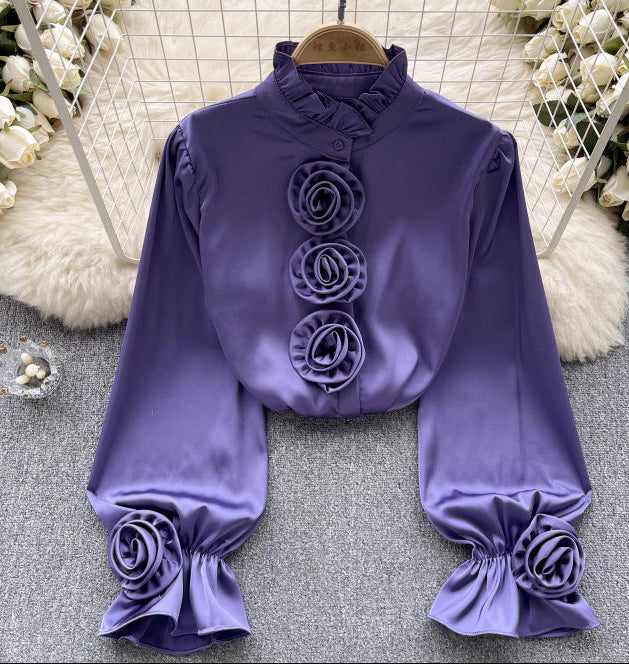 Lightweight Autumn Long-Sleeve Shirt with Floral Print - Purple