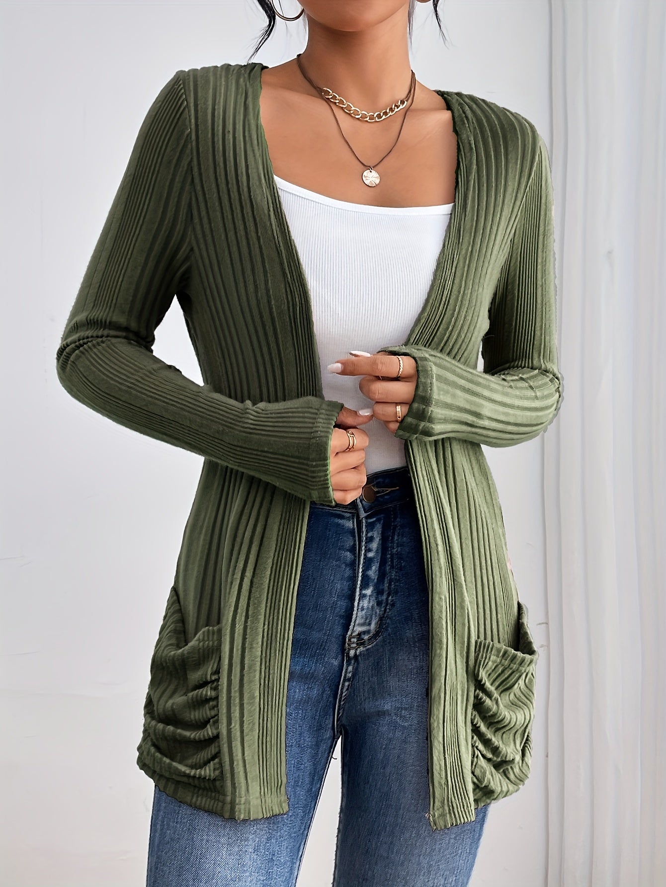 Drop shoulder ribbed cardigan | Soft Knit Open Front Casual Layer