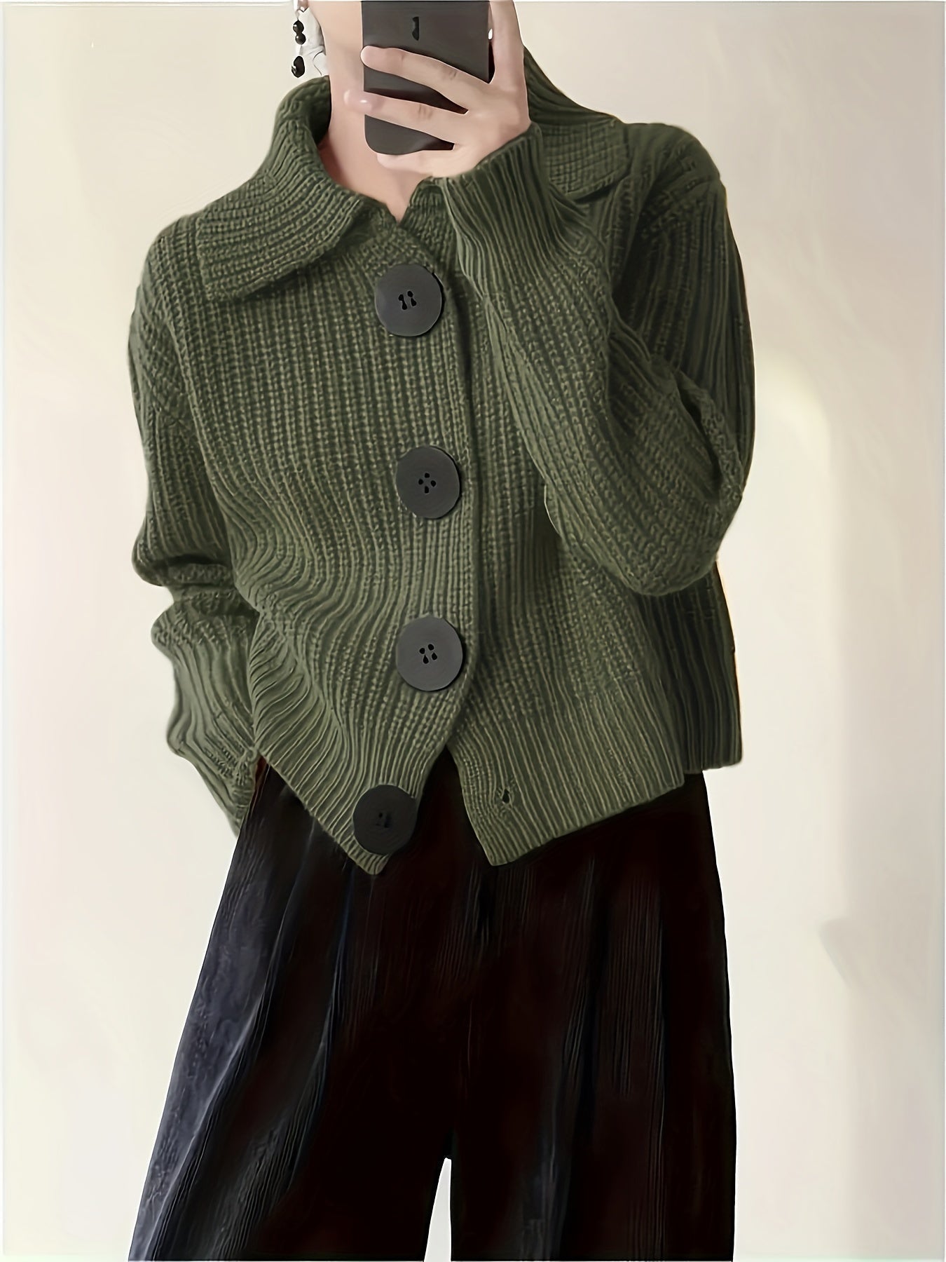 Women's Autumn Cardigan with Large Lapels and Relaxed Cut - Green