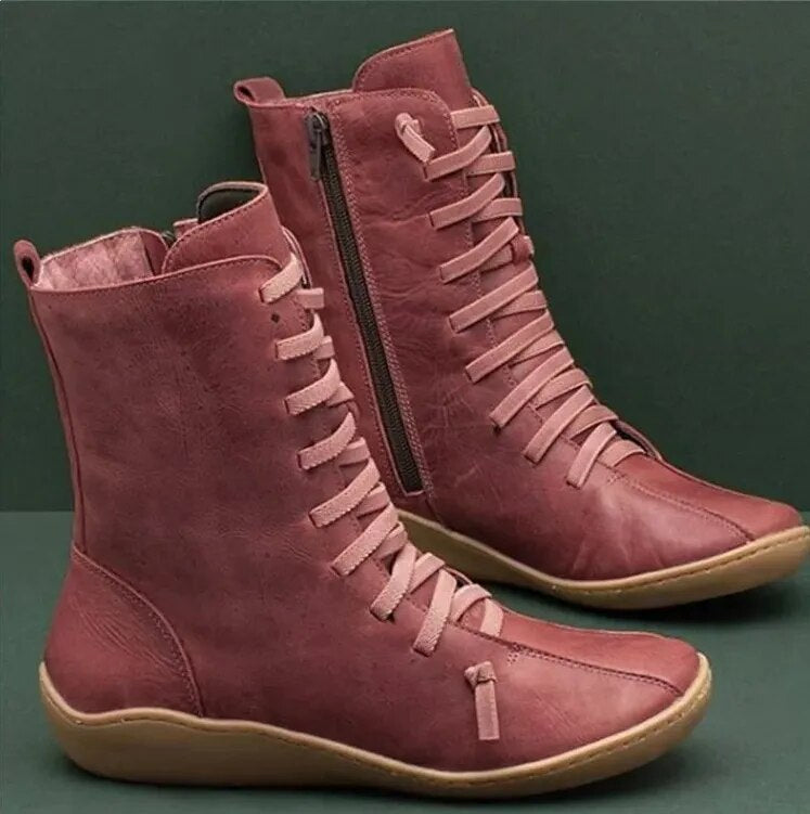 Waterproof Insulated Autumn Boots with Microfiber Lining and Rugged Design - Pink Red