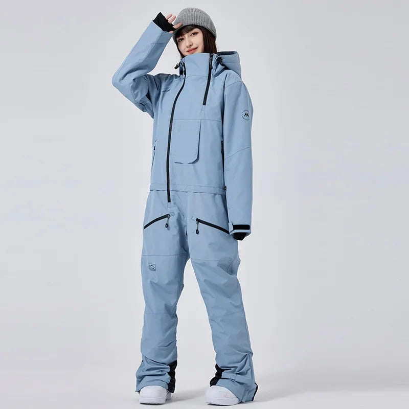 Women's One-Piece Ski Suit – Thickened Waterproof Winter Snowboard Overall - Blue