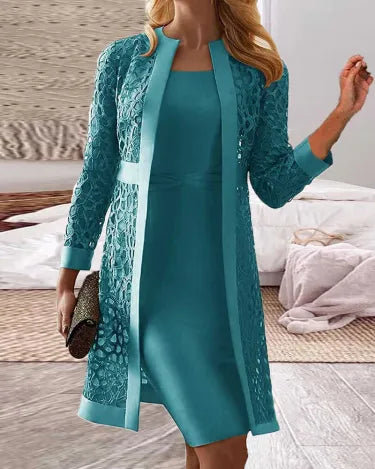 Lace Cardigan Dress Two-Piece Set | Perfect for Autumn - Blue Green