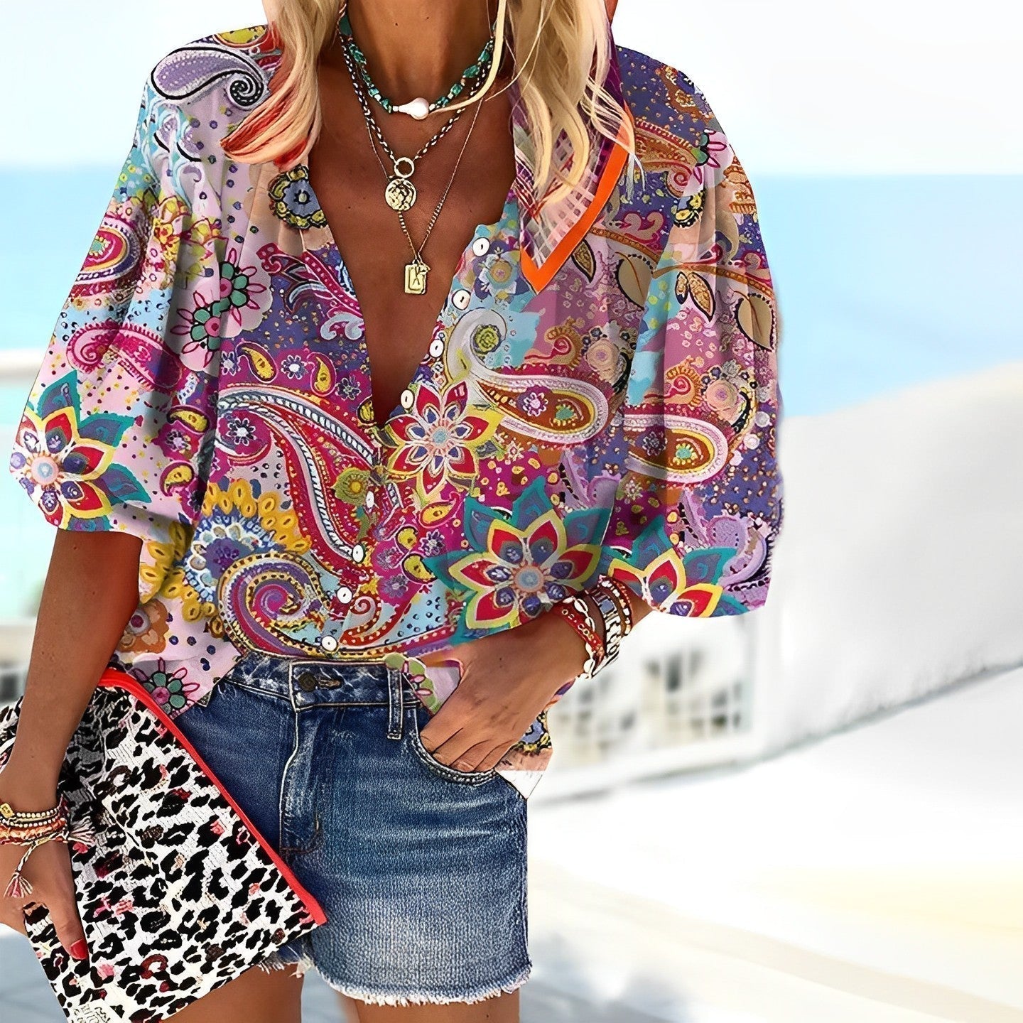Women's Spring Long-Sleeve Shirt with Mandala Print and Relaxed Fit