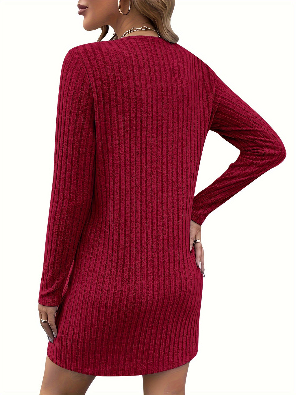 Solid Color Ribbed Dress, Women's Long Sleeve Casual Midi Knit Dress