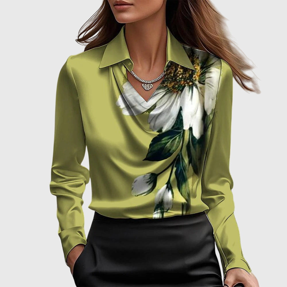 Women's Blouse with Pleated Neckline and Chest Pocket - Green