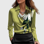 Women's Blouse with Pleated Neckline and Chest Pocket - Green