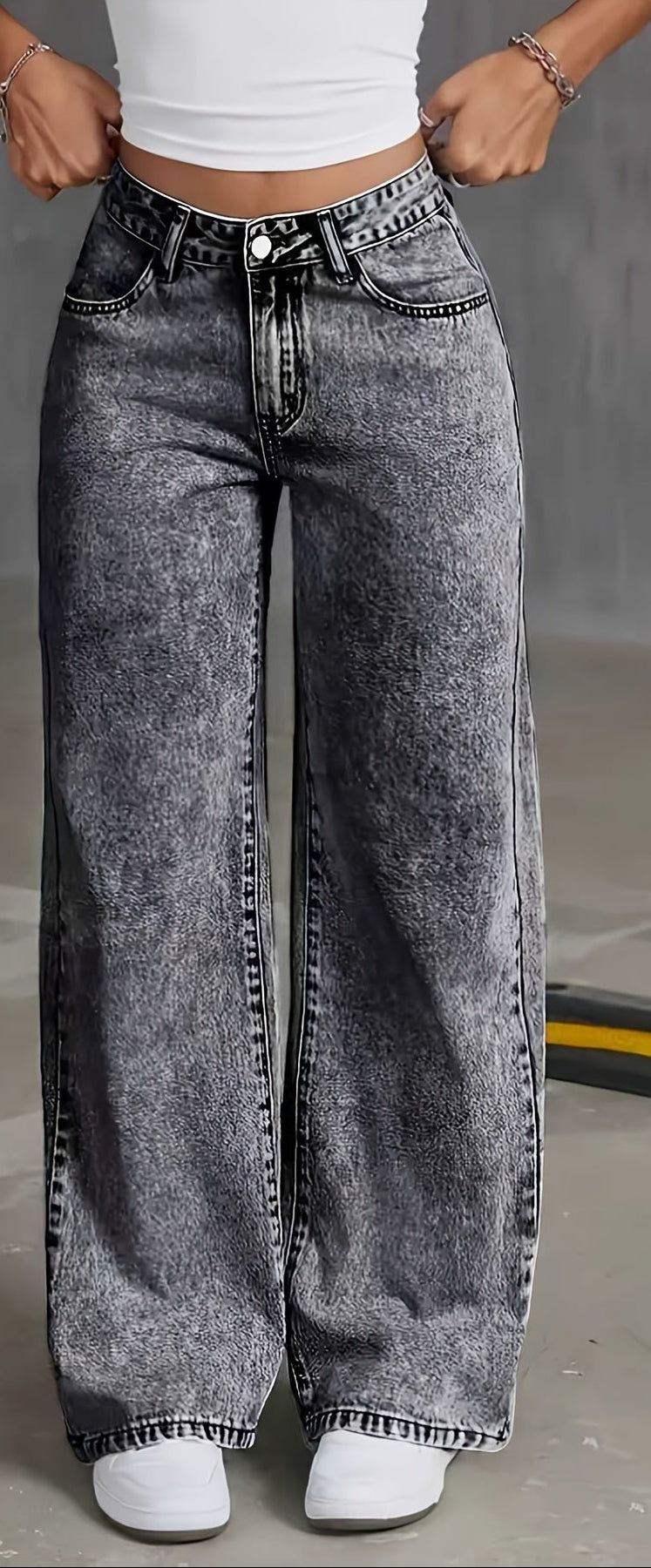 Women'S Stretch Loose Wide Leg Straight Gray Jeans |  Denim Trousers with Pockets