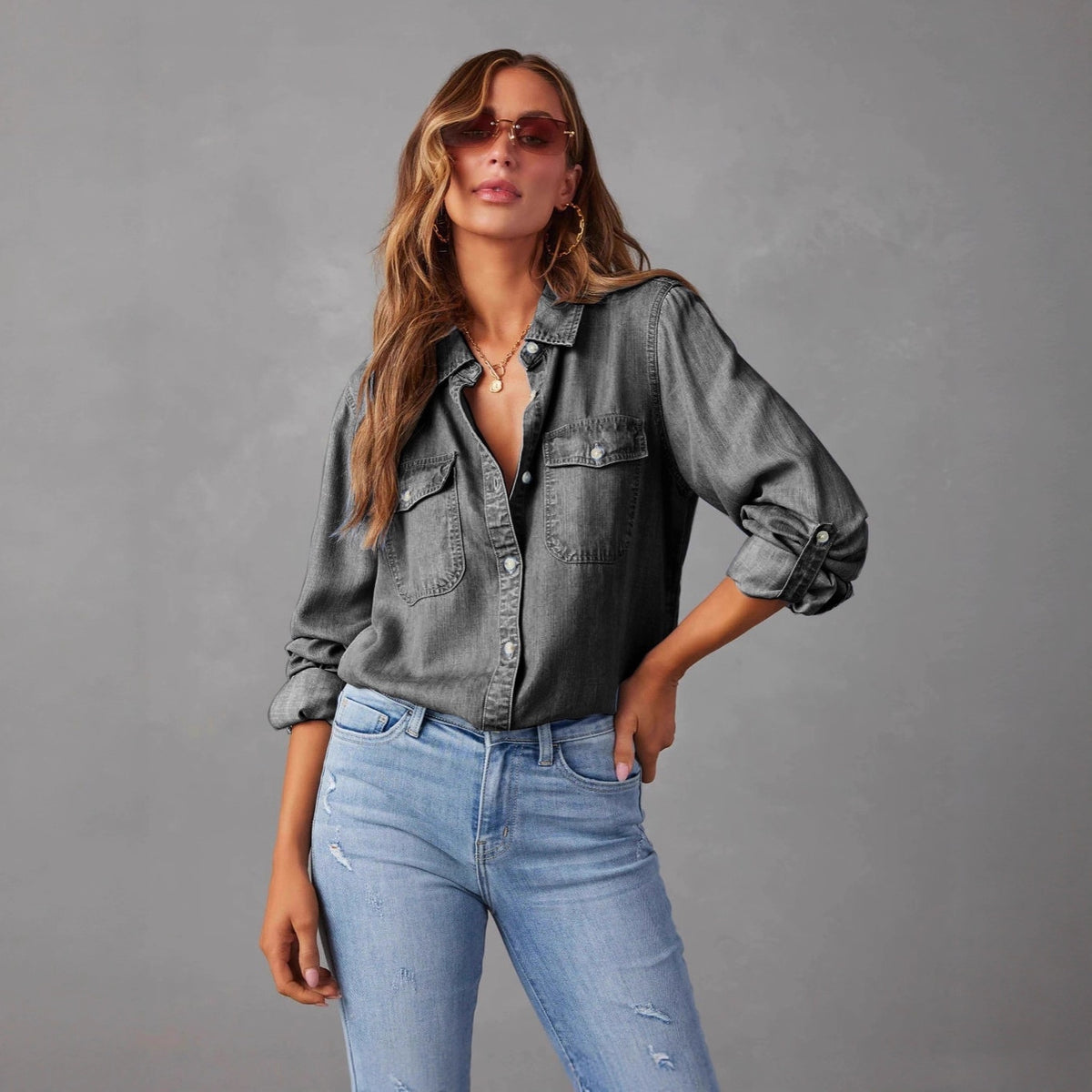 Women’s Long-Sleeve Denim Shirt with Button Front