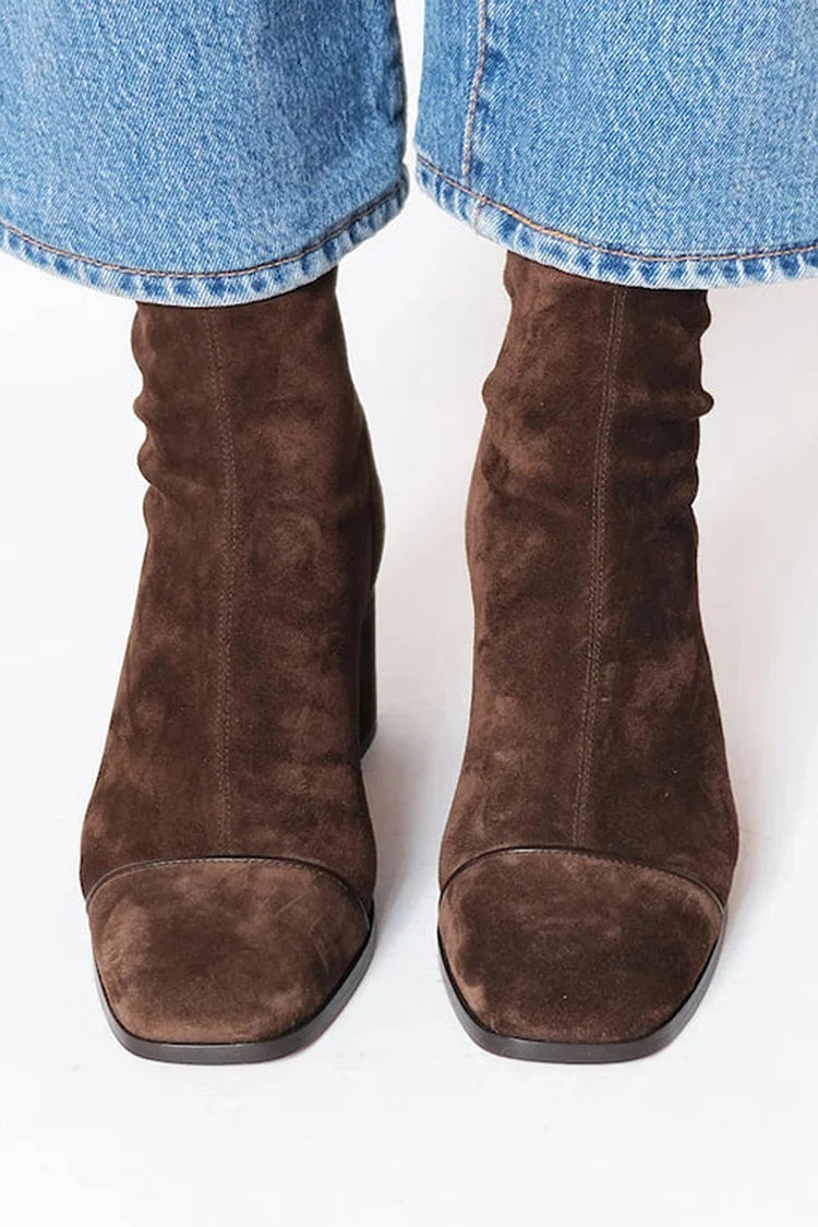 Women's suede side zip ankle boots with square toe