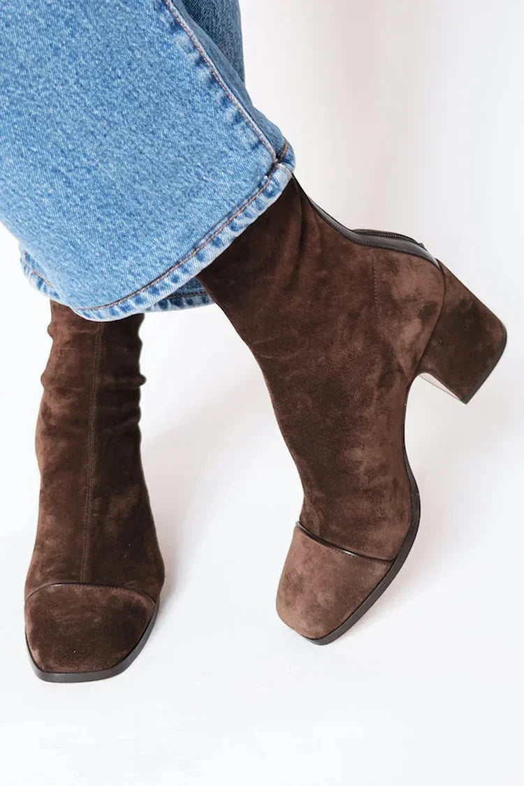 Women's suede side zip ankle boots with square toe