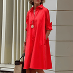 Autumn Dress with Fold-Over Collar | Perfect for Cool Days - Red