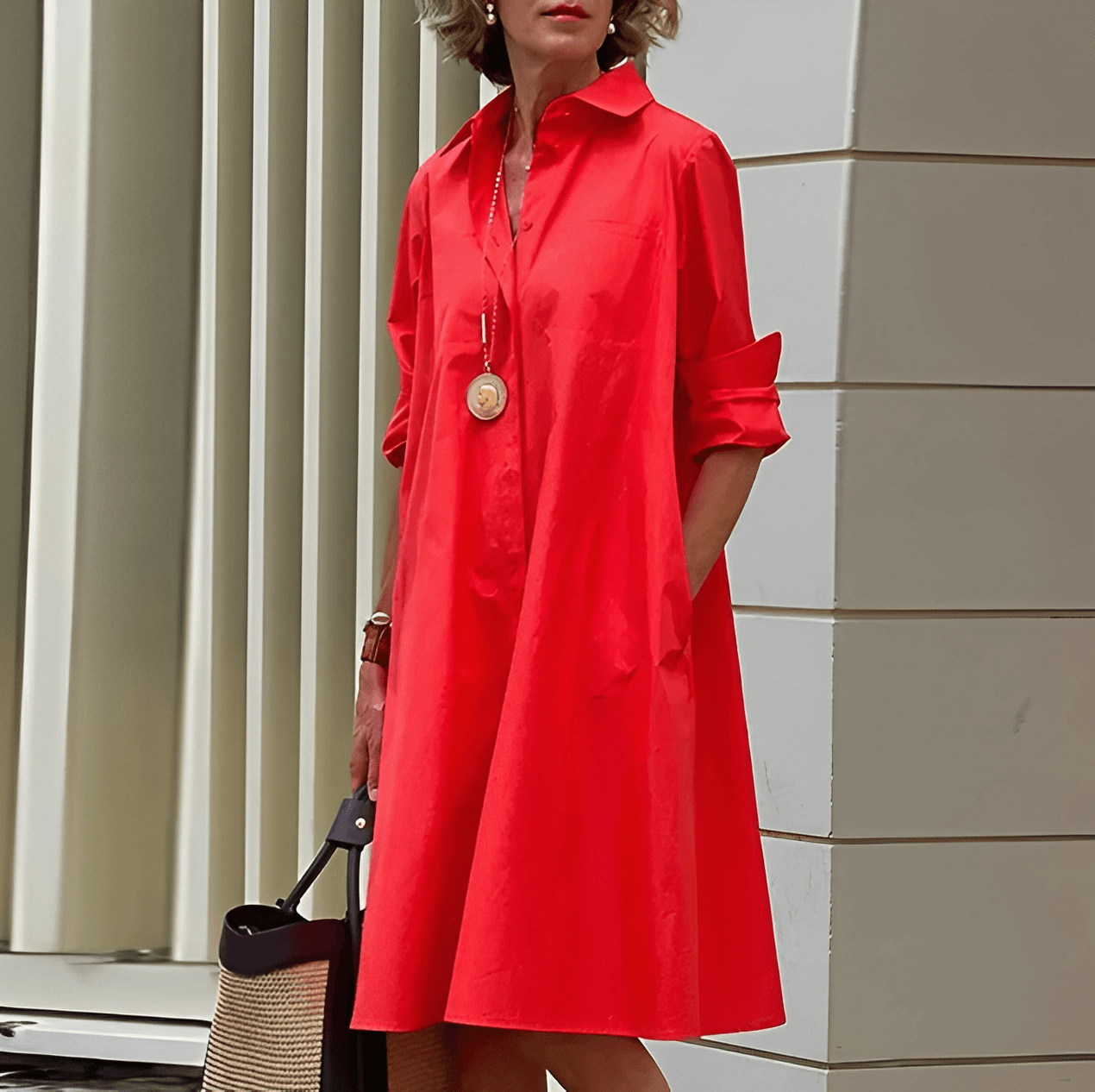 Autumn Dress with Fold-Over Collar | Perfect for Cool Days - Red