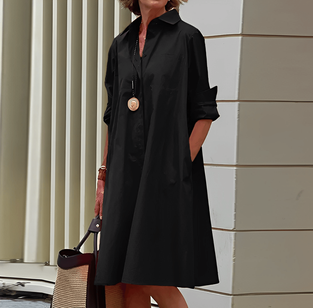 Autumn Dress with Fold-Over Collar | Perfect for Cool Days - Black