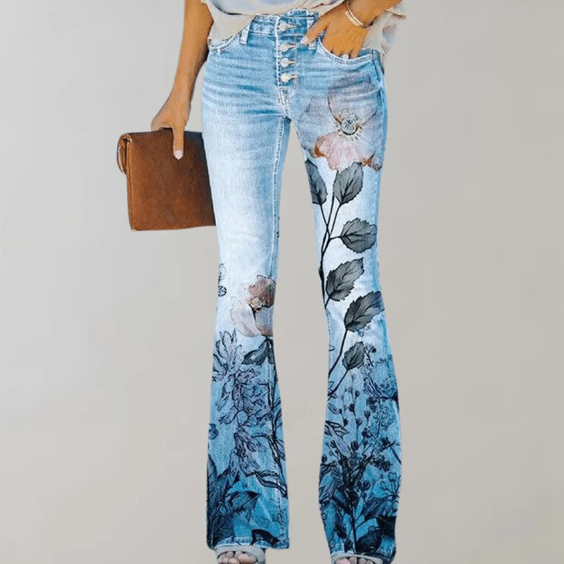 Flared Winter Pants with Buttonhole Detail | Perfect for Winter - Pink Flower
