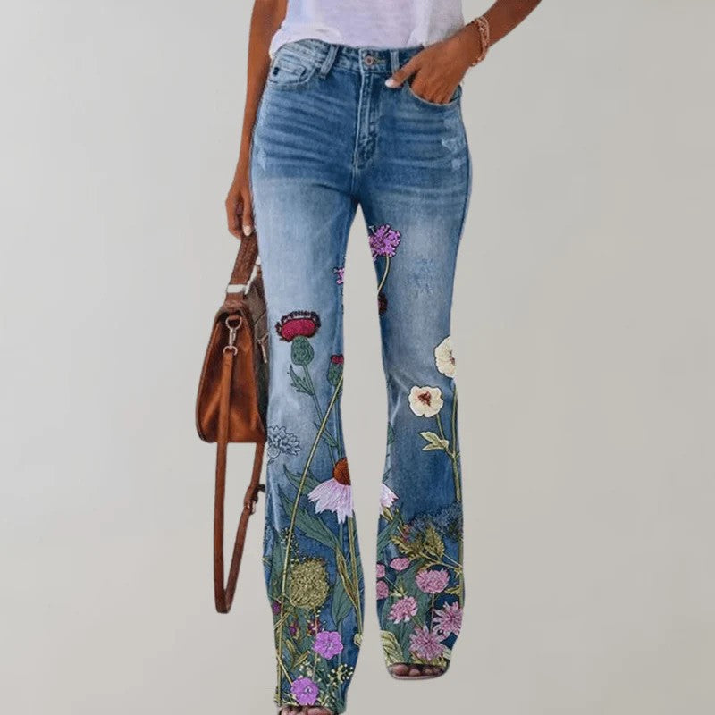 Flared Winter Pants with Buttonhole Detail | Perfect for Winter - Red Flower