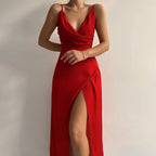 Summer Dress with Deep Neckline, Side Slits and Slim Sleeves | Perfect for Formal Occasions - Red