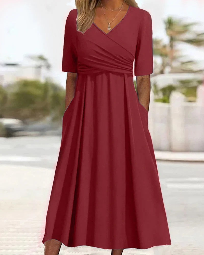Midi Dress with Sleeves and Figure-Hugging Fit | Perfect for Autumn - Red