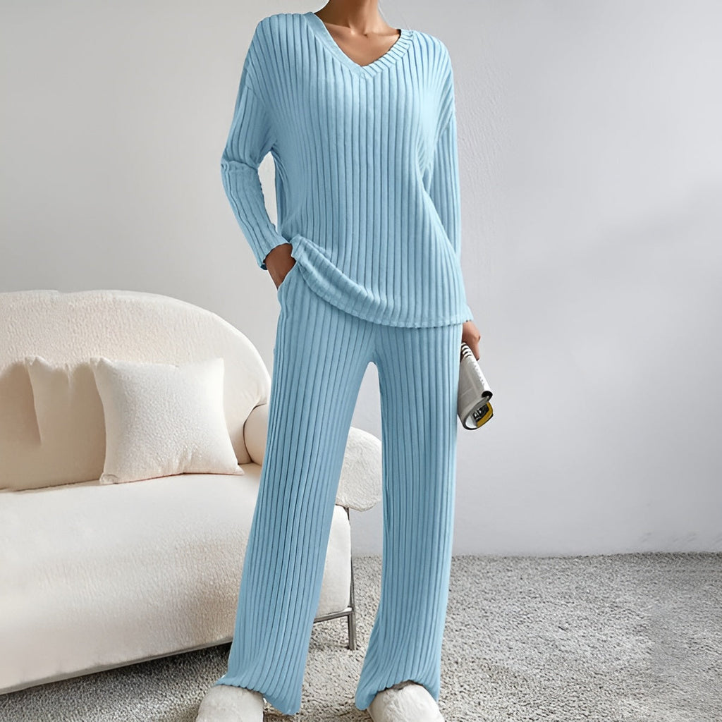 Two-Piece Knit Set with V-Neck Sweater & Pants | Perfect for Autumn & Winter - Light Blue