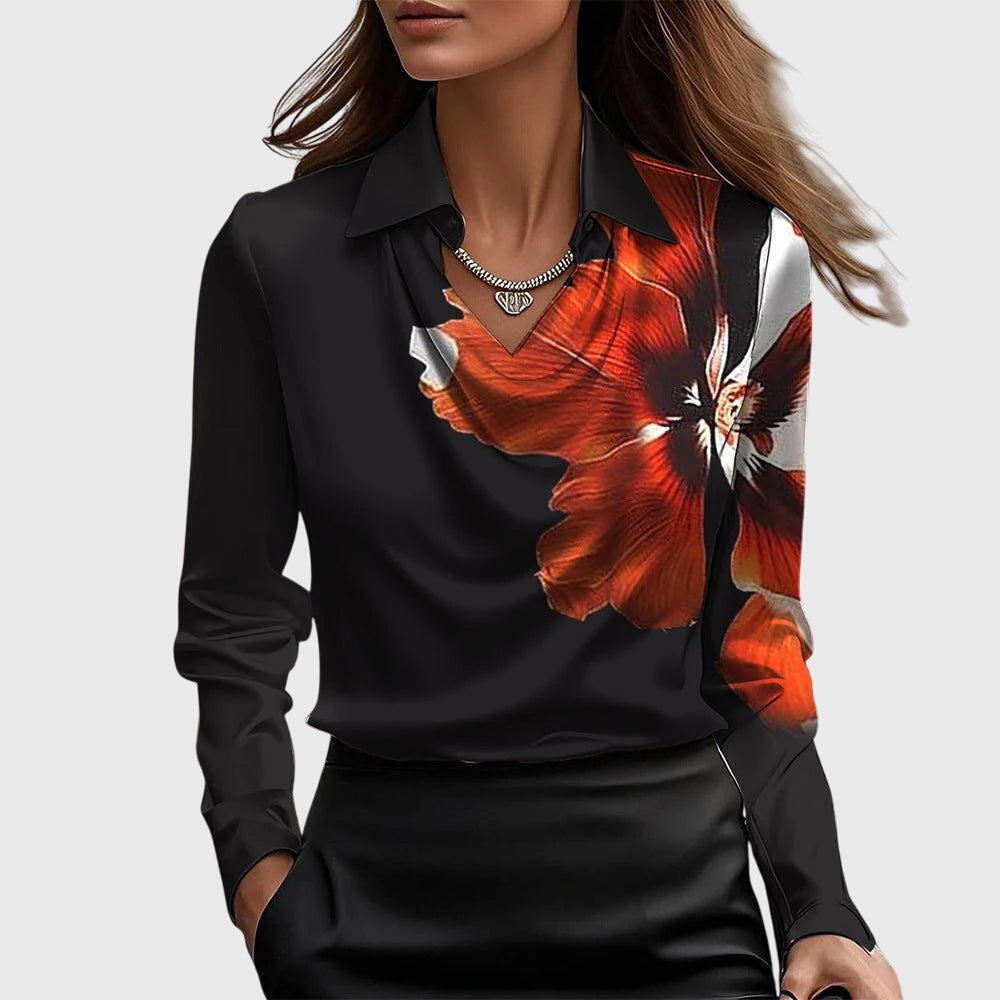 Women's Blouse with Pleated Neckline and Chest Pocket - Black Red
