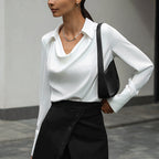 Women's Autumn Long-Sleeve Shirt with Irregular Cowl Neck, Solid Color, Polyester - White